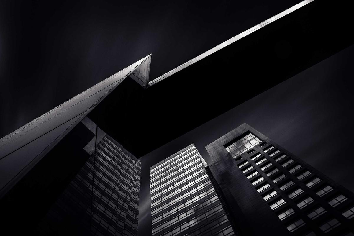 Black and white view of modern towers